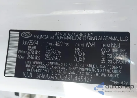 2024 Hyundai Tucson Se z USA, uszkodzony, nr VIN 5NMJA3DE9RH435427